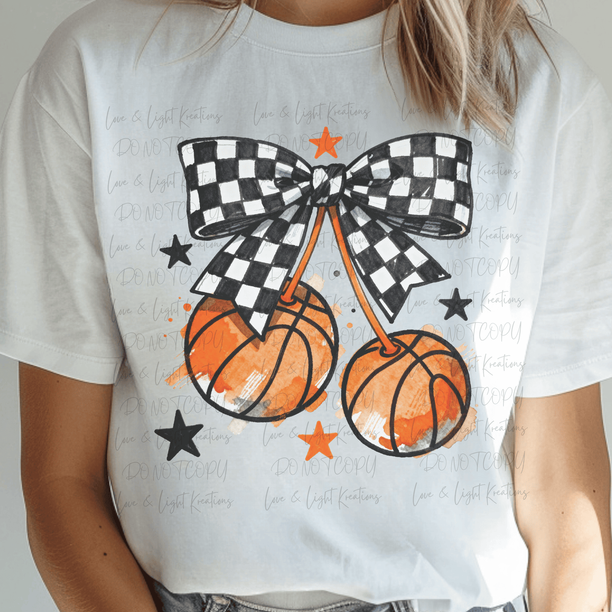 Water Color Cherry Basketballs with Checkered Coquette Bow