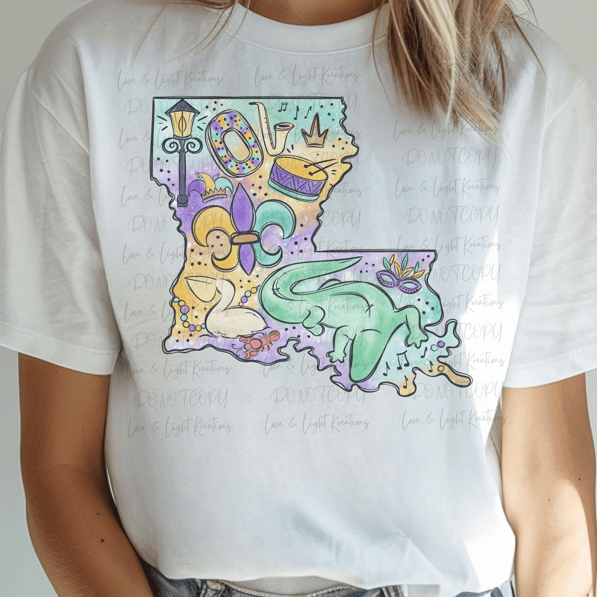 Watercolor Louisiana Outline with Mardi Gras Symbols