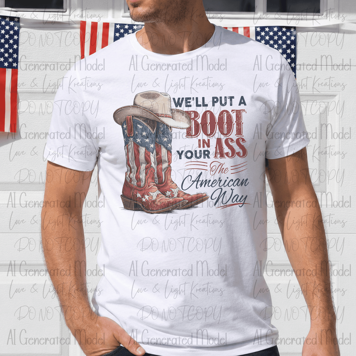 We'll Put a Boot in Your Ass the American Way American Flag Botos and Cowboy Hat