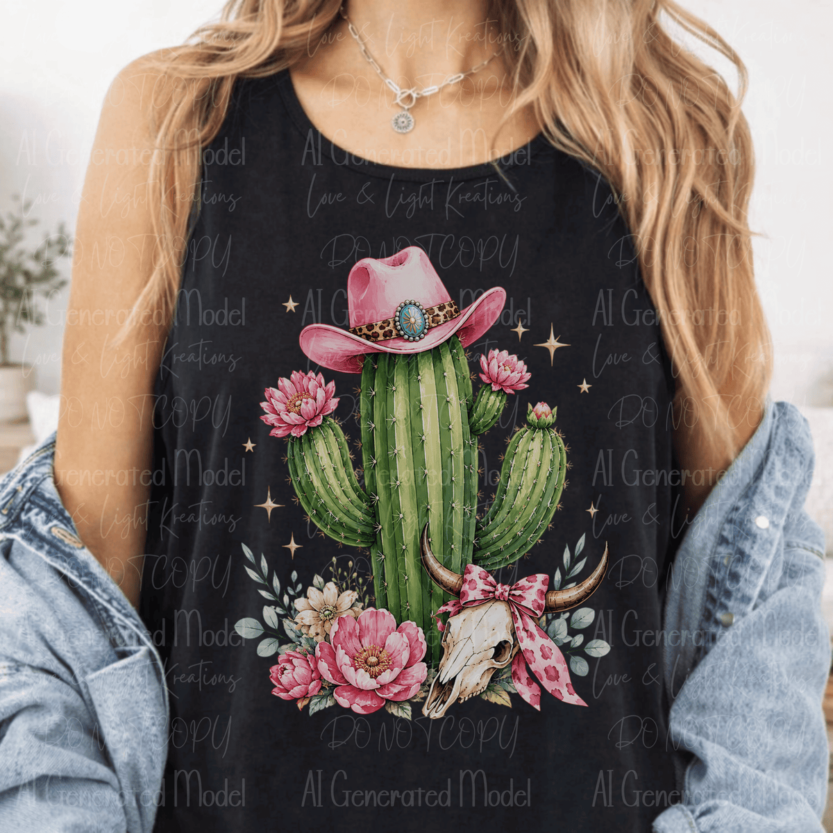 Western Cactus with Pink Hat and Flowers