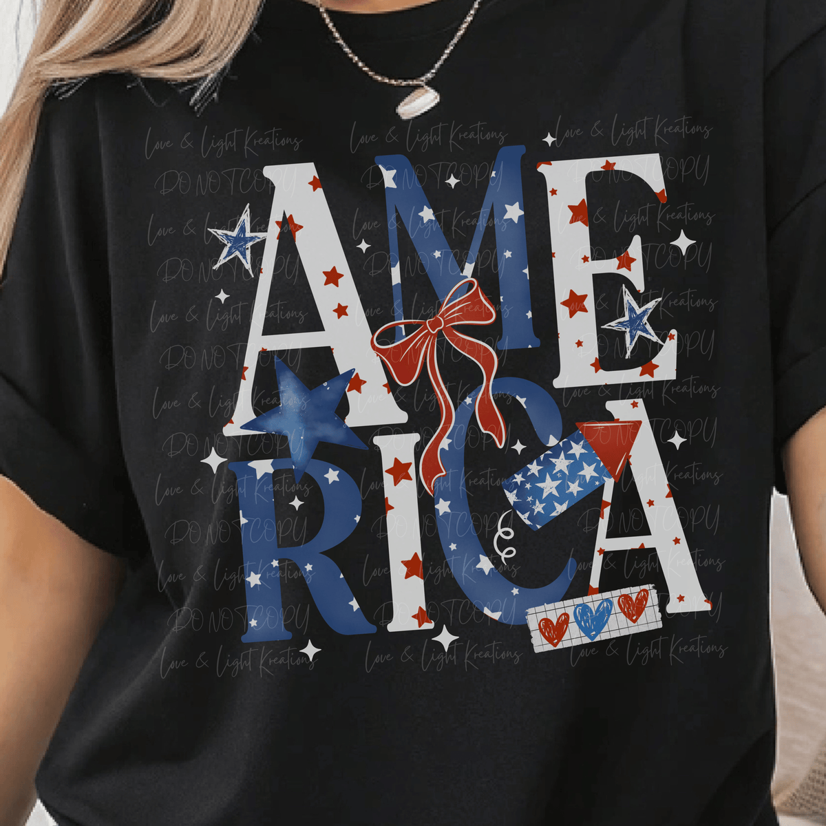 White and Blue America with Red and White Stars and Red Bow and Firework