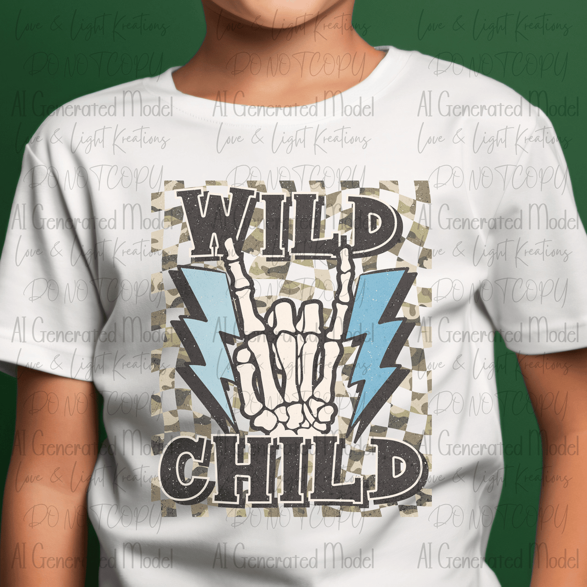 Wild Child Rock Hand with Lightening Bolts and Camo Distressed