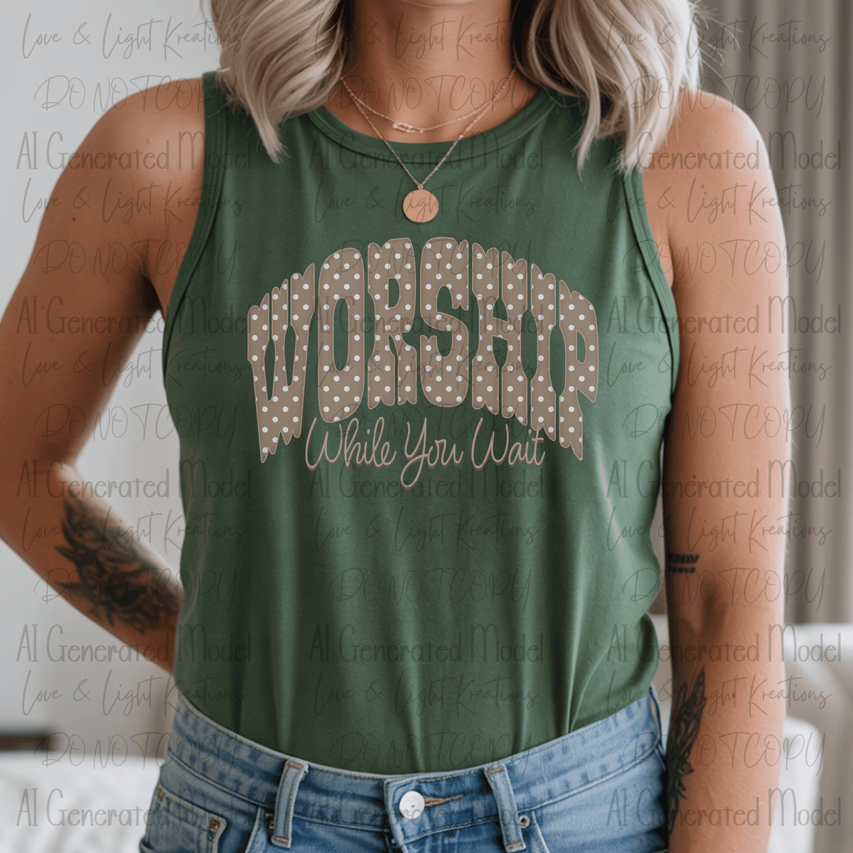 Worship While You Wait Brown Polka Dot Tan Outline