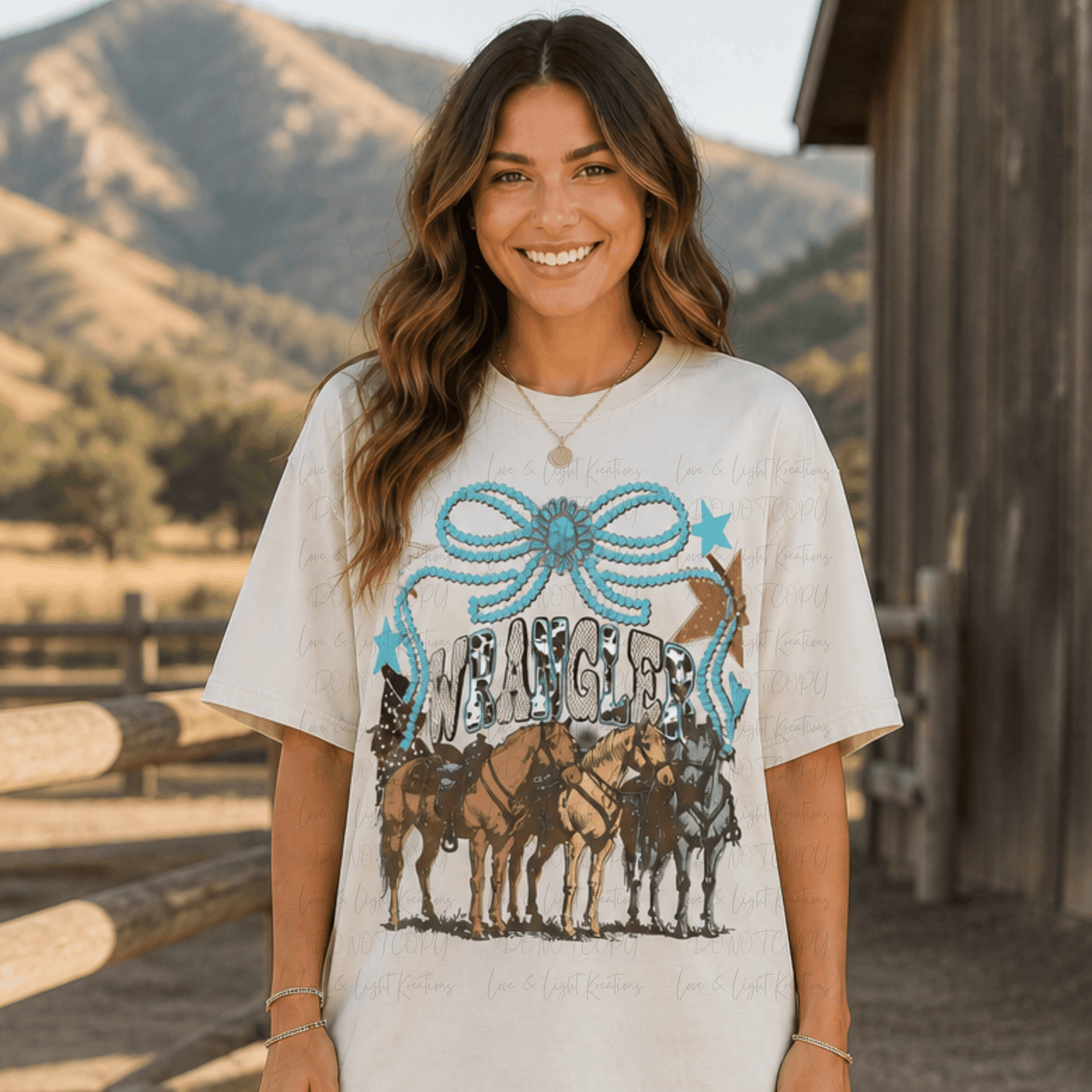 Wrangler with Teal Pearl Coquette Bow and Horses