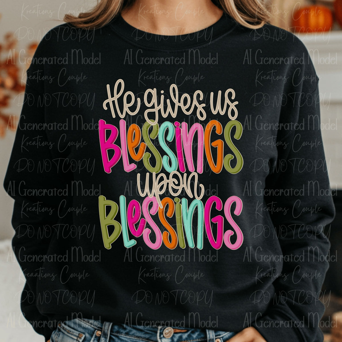 Colorful He Gives Us Blessings Upon Blessings Christian faith graphic on black crewneck