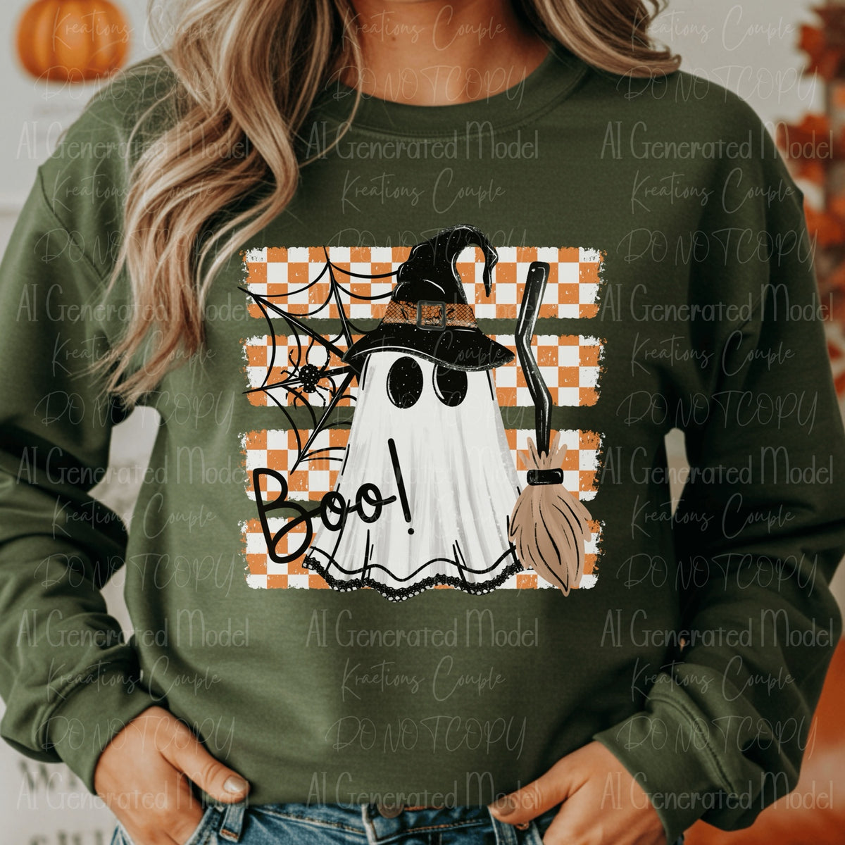 Boo Halloween witch hat ghost broom spider web orange gingham graphic on green crewneck