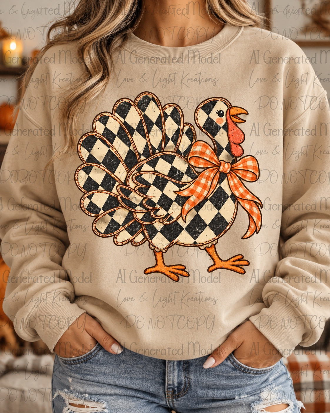 Turkey with black cream diamond buffalo plaid and orange gingham bow Thanksgiving graphic