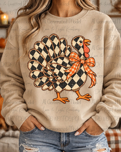 Turkey with black cream diamond buffalo plaid and orange gingham bow Thanksgiving graphic