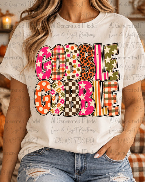 Colorful Gobble Gobble stacked bold lettering with leopard plaid polka dots and pink stars
