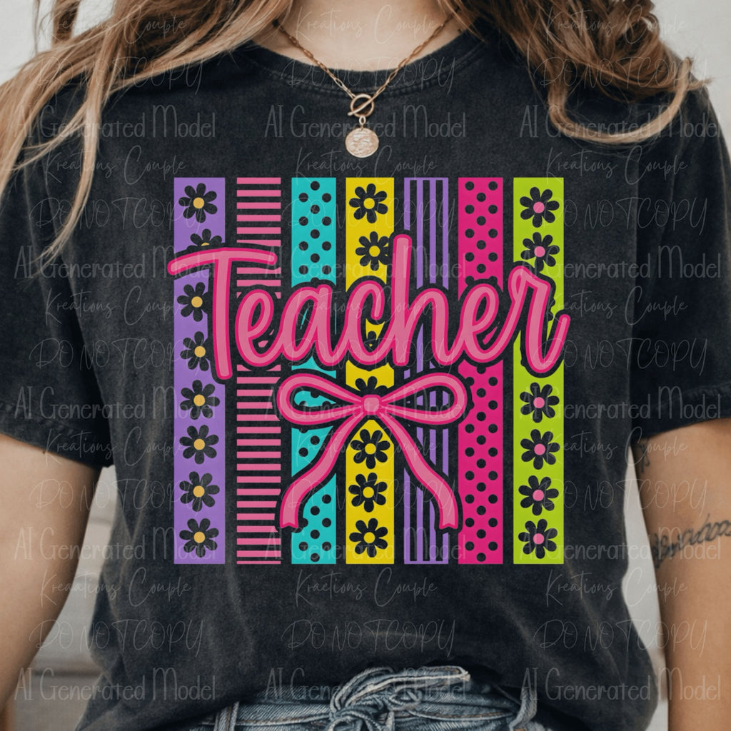 Bright retro floral teacher design with hot pink lettering black daisies and pink bow on dark tee