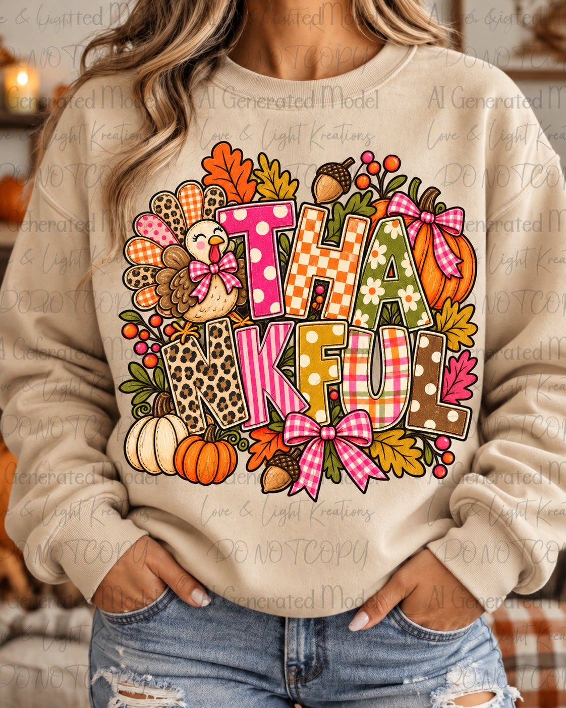 Colorful Thankful turkey autumn graphic with pink gingham bows pumpkins and flowers on cream sweatshirt mockup