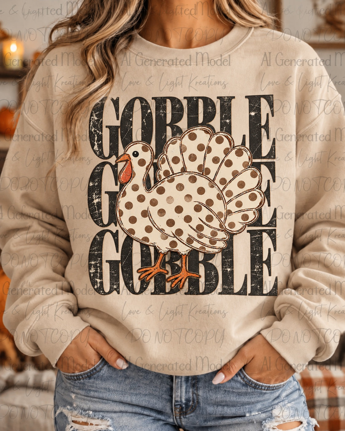 Gobble Gobble vintage black lettering brown polka dot turkey holiday crewneck sweatshirt