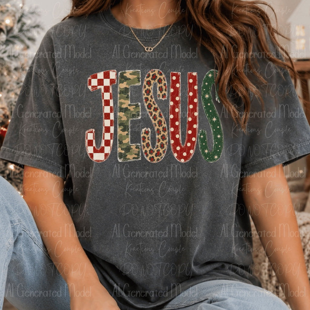 JESUS Christmas patterned lettering red green gingham camouflage leopard and polka dot tee