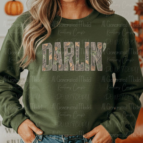 DARLIN woodland camo varsity letters on green crewneck sweatshirt