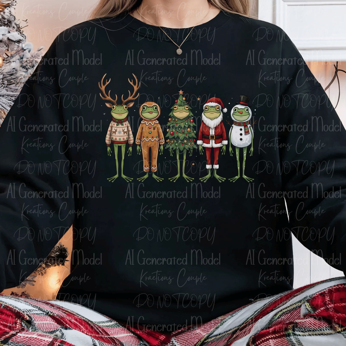 Christmas frogs wearing reindeer, gingerbread, Christmas tree, Santa and snowman costumes on black sweatshirt