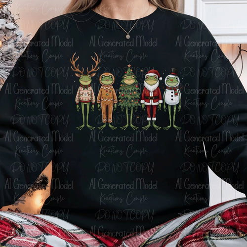 Christmas frogs wearing reindeer, gingerbread, Christmas tree, Santa and snowman costumes on black sweatshirt
