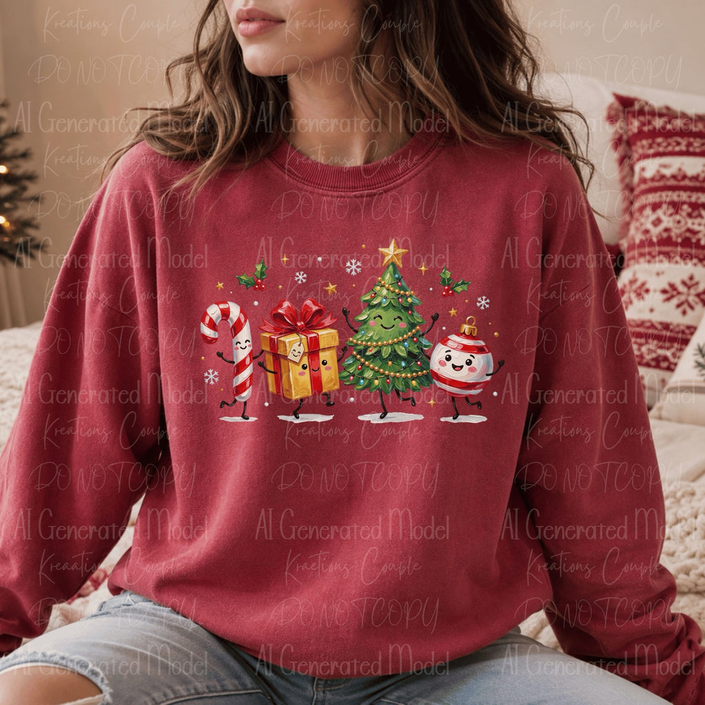 Cute smiling Christmas candy cane, wrapped present, decorated evergreen tree and round ornament on berry crewneck
