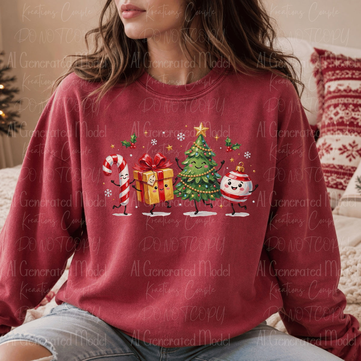 Cute smiling Christmas candy cane, wrapped present, decorated evergreen tree and round ornament on berry crewneck