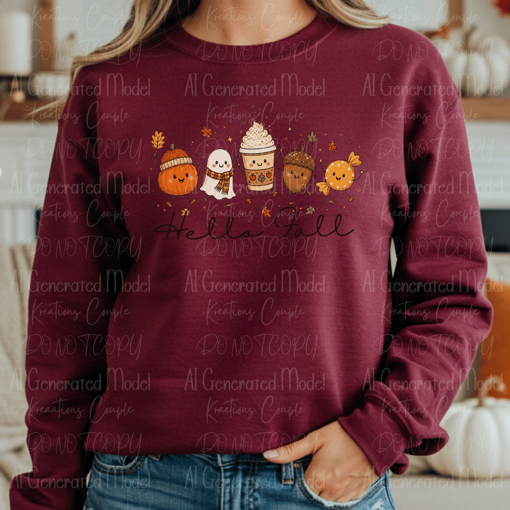 Hello Fall cute pumpkin ghost pumpkin spice coffee acorn candy and autumn leaves on burgundy sweatshirt