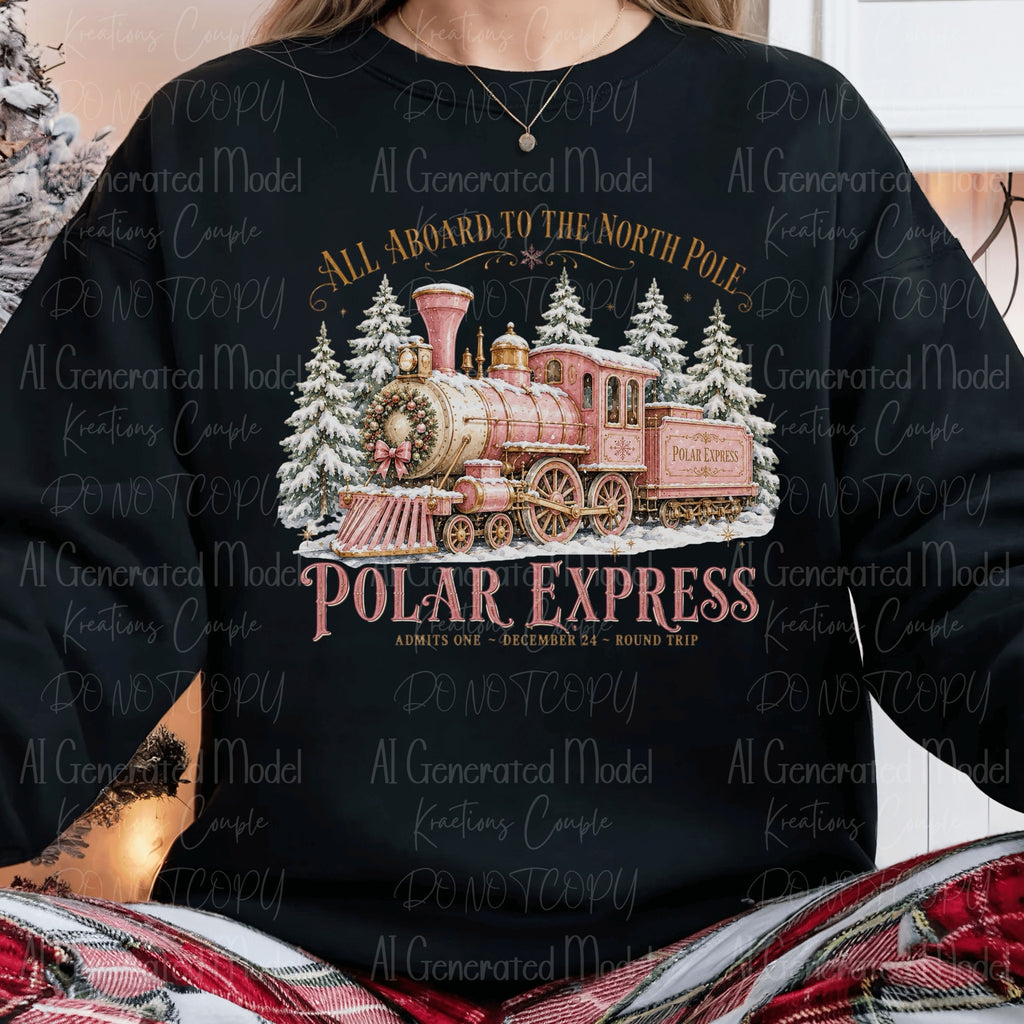 All Aboard to the North Pole pink Polar Express steam train in snowy Christmas forest sweatshirt