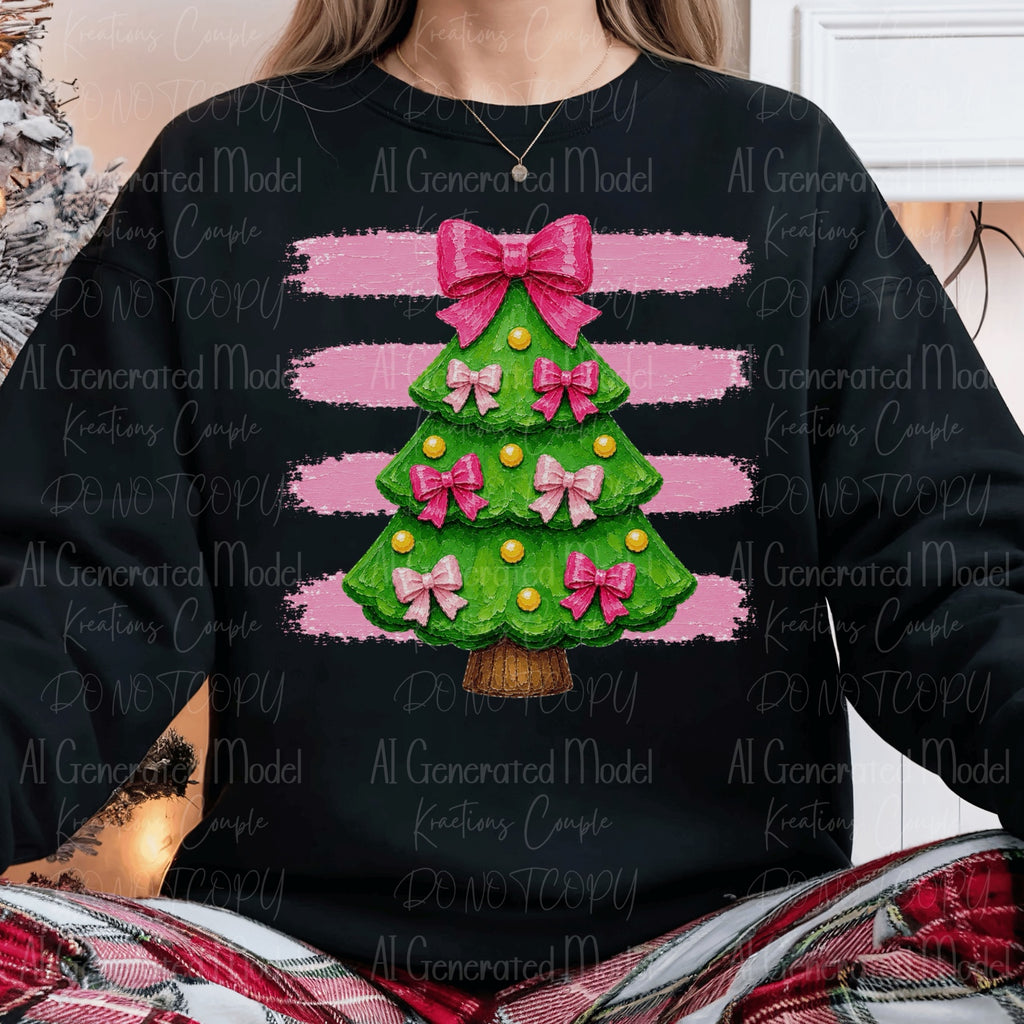 Green Christmas tree pink ribbon bows yellow ornaments and wide pink brushstroke lines black sweatshirt