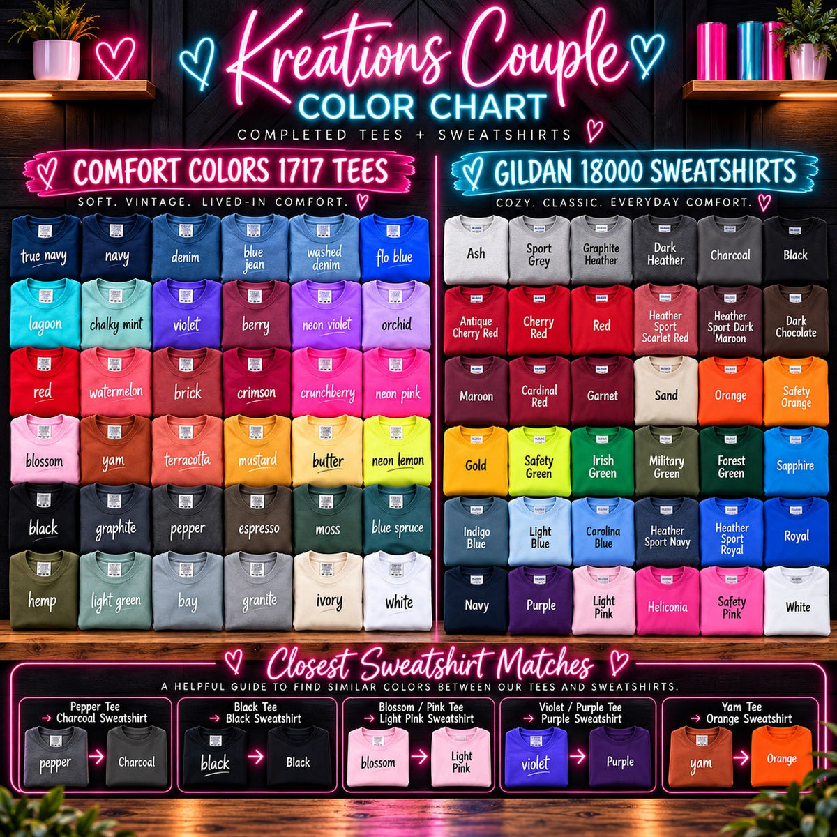 Kreations Couple color chart: Comfort Colors 1717 tee and Gildan 18000 sweatshirt choices