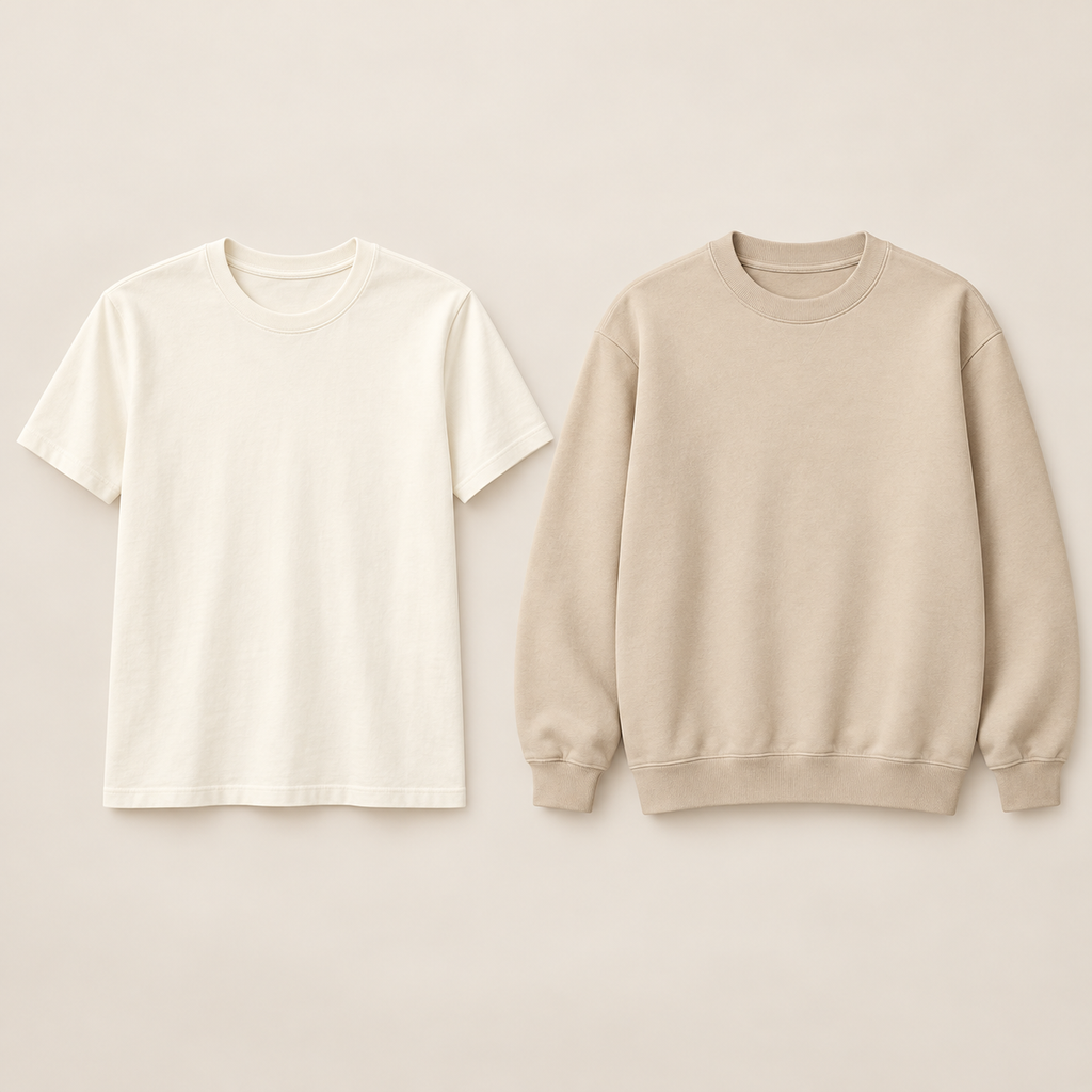 Kreations Couple Ivory / Sand paired blank tee and sweatshirt color reference