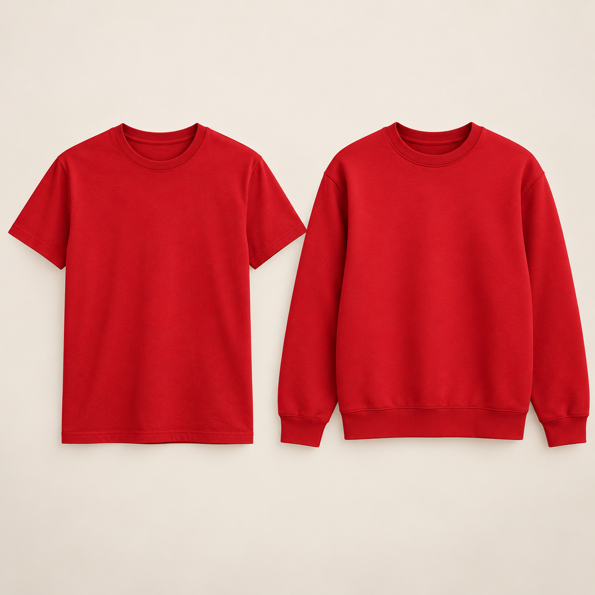 Kreations Couple Red paired blank tee and sweatshirt color reference