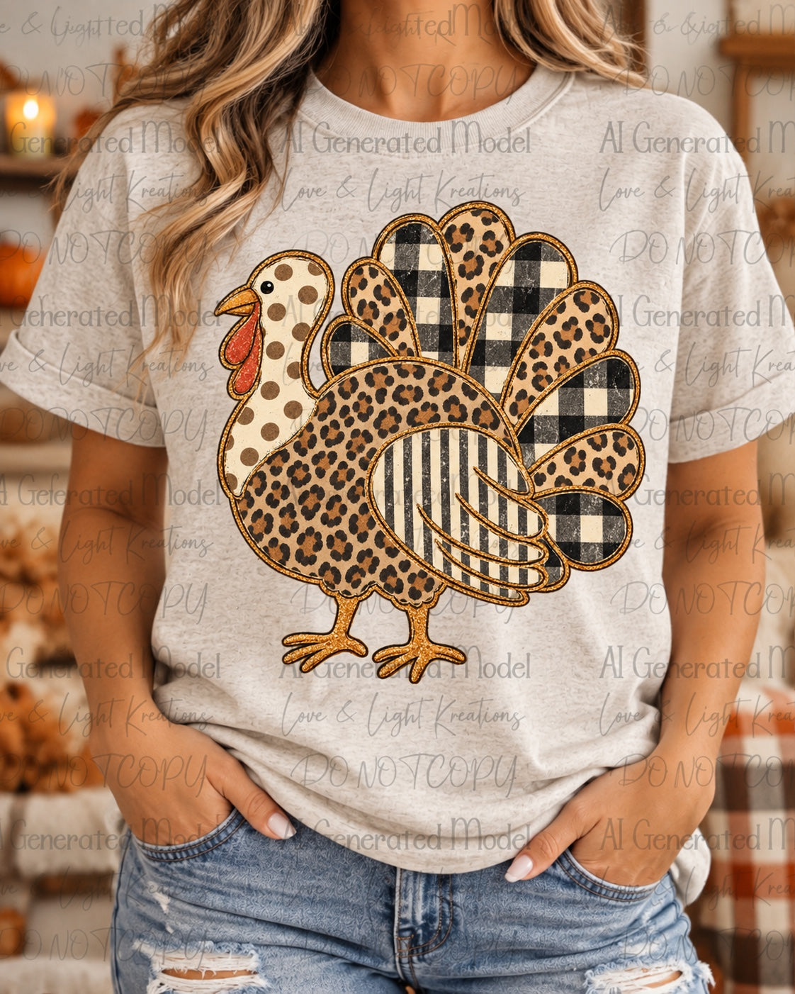 Patchwork leopard gingham turkey with check and striped feathers Thanksgiving shirt