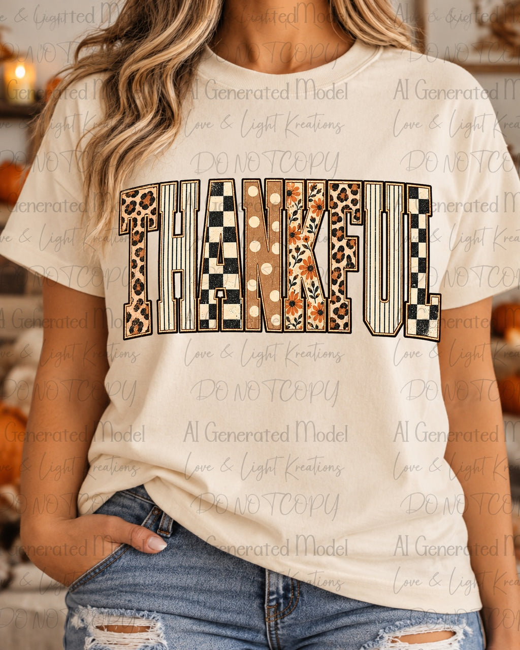 Fall Thankful varsity lettering with leopard gingham polka dots and floral graphic on ivory shirt mockup