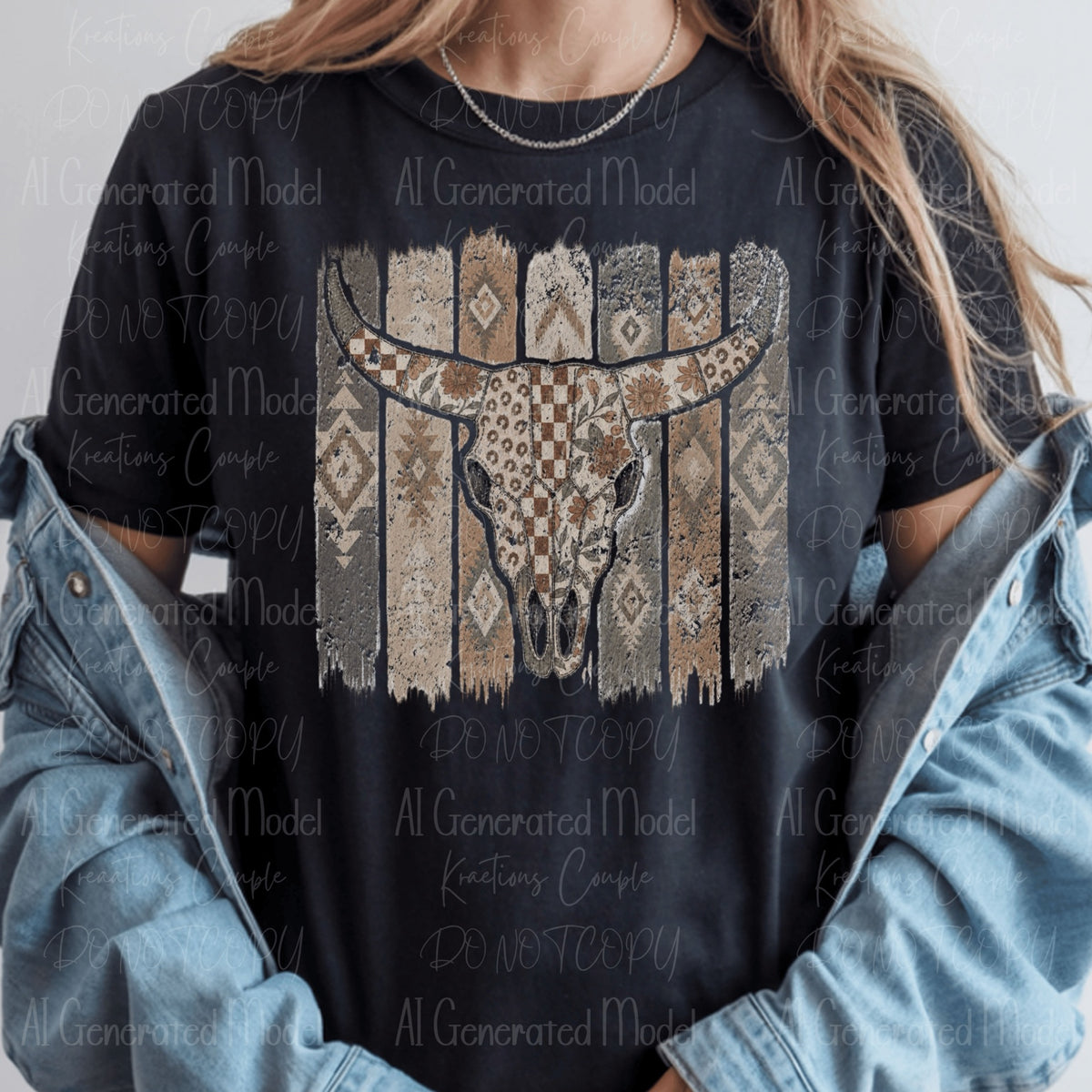 Rustic neutral boho western longhorn skull leopard aztec patchwork design on black tee